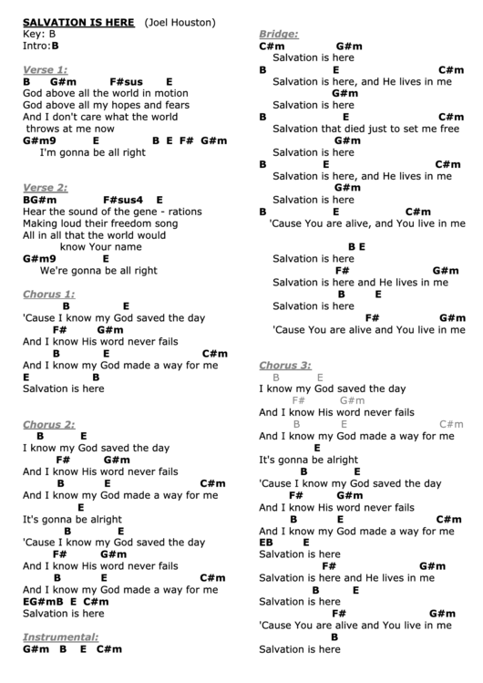 Salvation Is Here (B) Hillsong Chord Chart printable pdf download