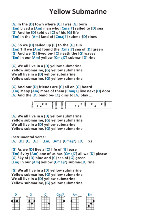 Yellow Submarine Ukulele Chord Chart printable pdf download