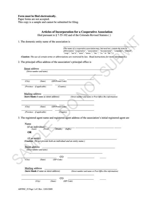 Articles Of Incorporation For A Cooperative Association printable pdf