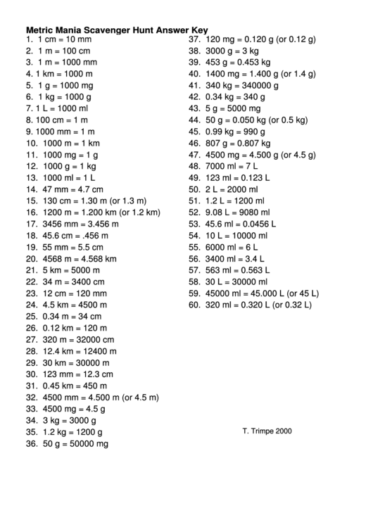 Metric Mania Scavenger Hunt Answer Key printable pdf download