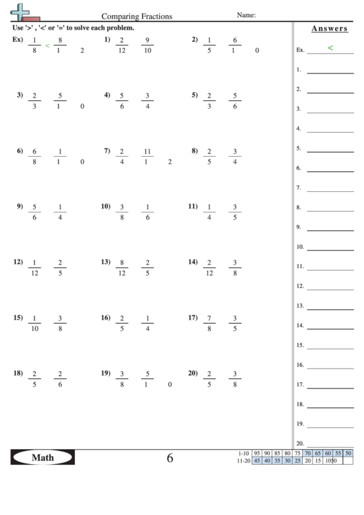 Comparing Fractions Worksheet With Answer Key printable pdf download