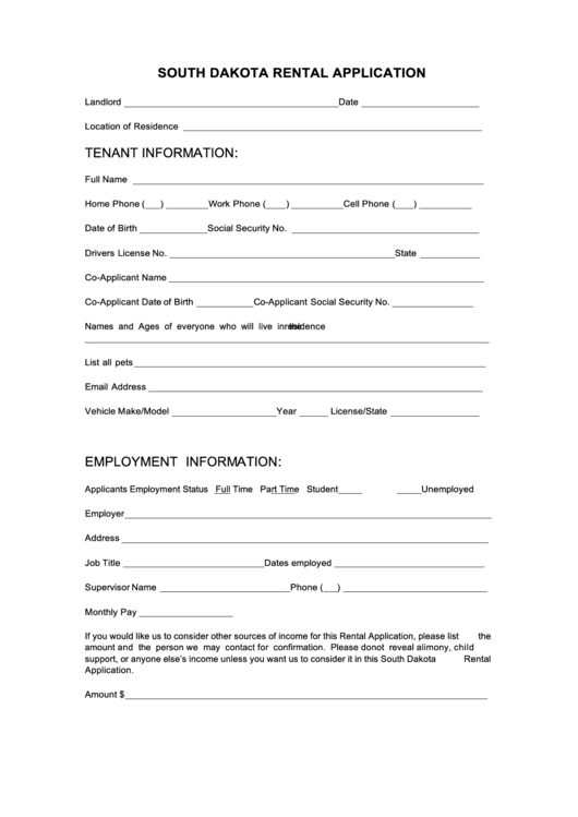Fillable South Dakota Rental Application printable pdf download