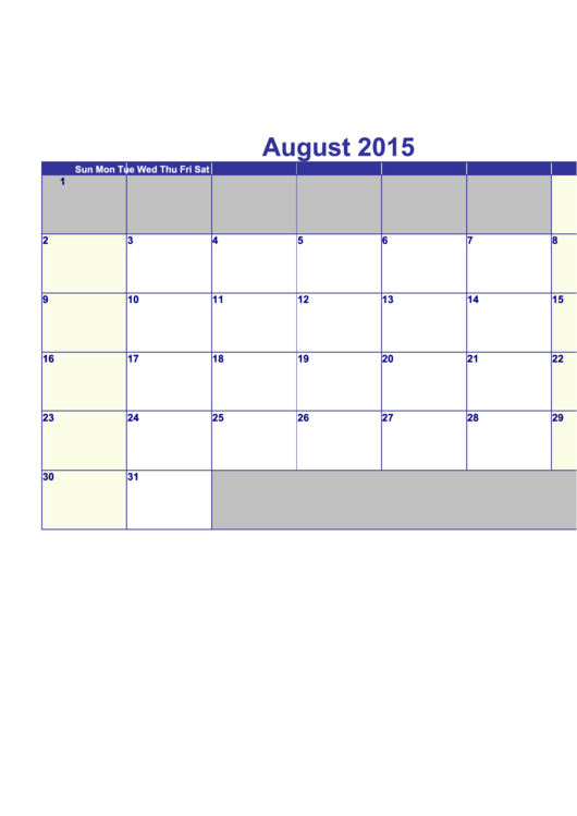 Calendar Template - August 2015 printable pdf download