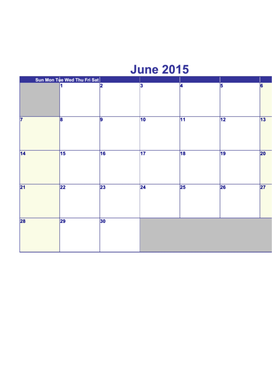 Calendar Template - June 2015 printable pdf download