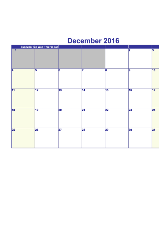 December 2016 Calendar Template - Horizontal printable pdf download