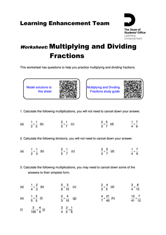 Multiplying And Dividing Fractions Worksheet printable pdf download