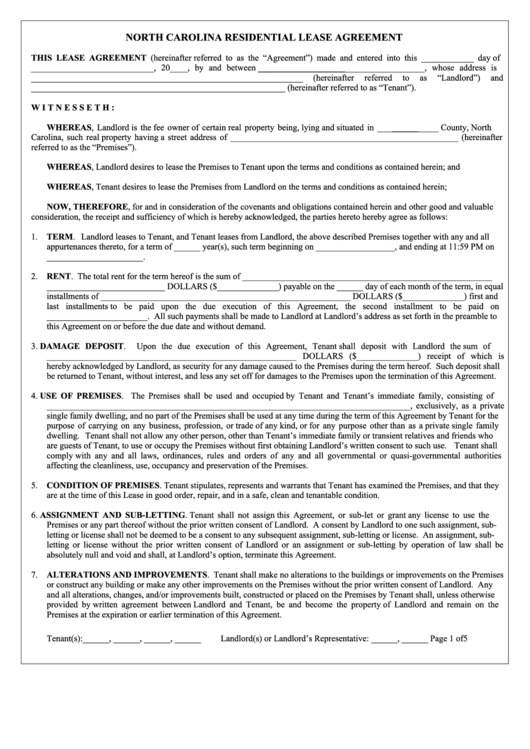 Fillable Northcarolinaresidentialleaseagreement Form printable pdf download