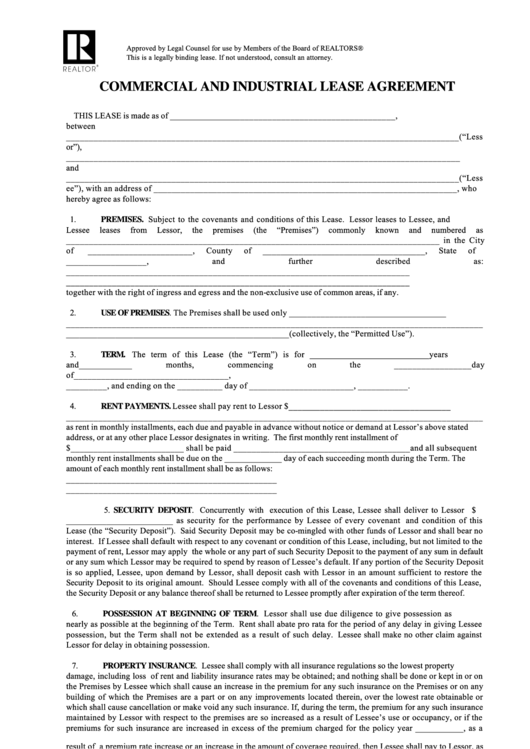 Commercial And Industrial Lease Agreement printable pdf download