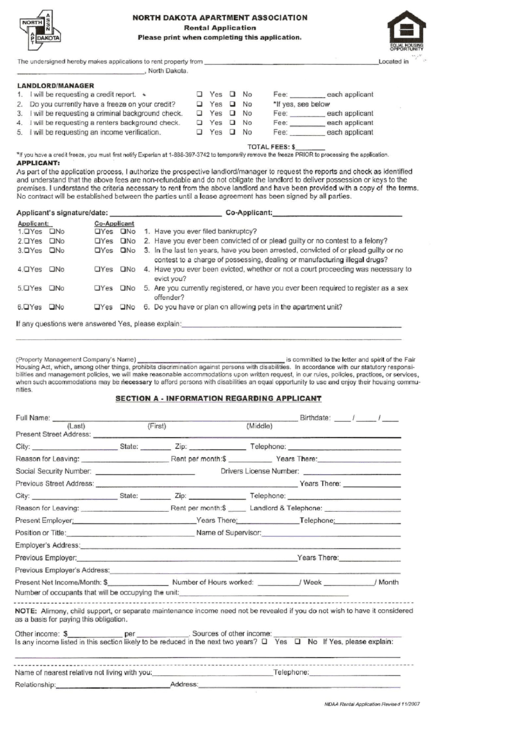 Fillable North Dakota Apaprtment Association printable pdf download