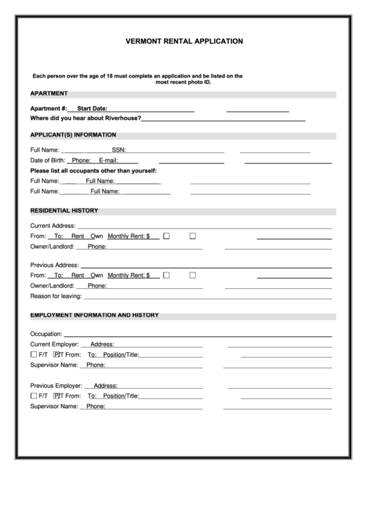 Fillable Vermont Rental Application printable pdf download
