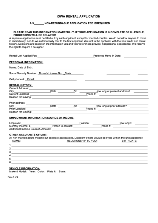 Fillable Iowa Rental Application printable pdf download