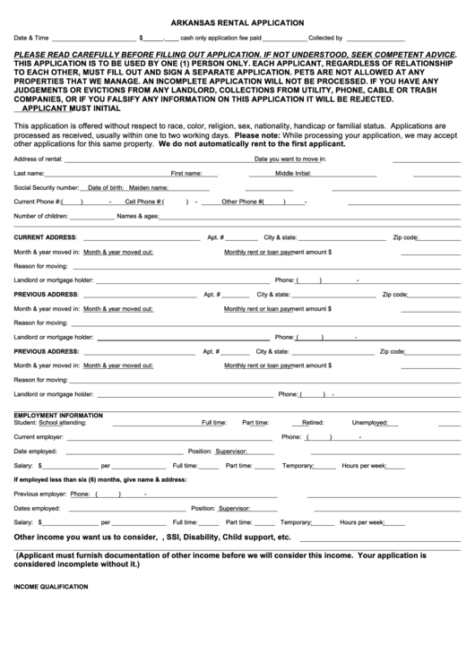 Fillable Arkansas Rental Application printable pdf download