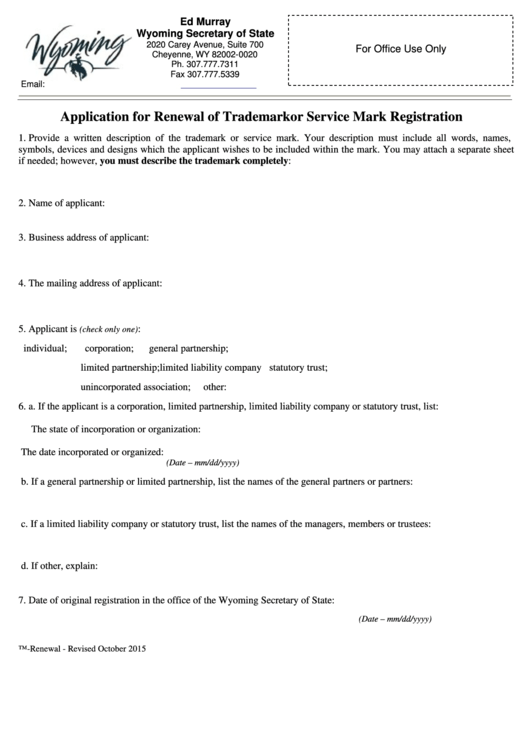 Fillable Application For Renewal Of Trademark Or Service Mark