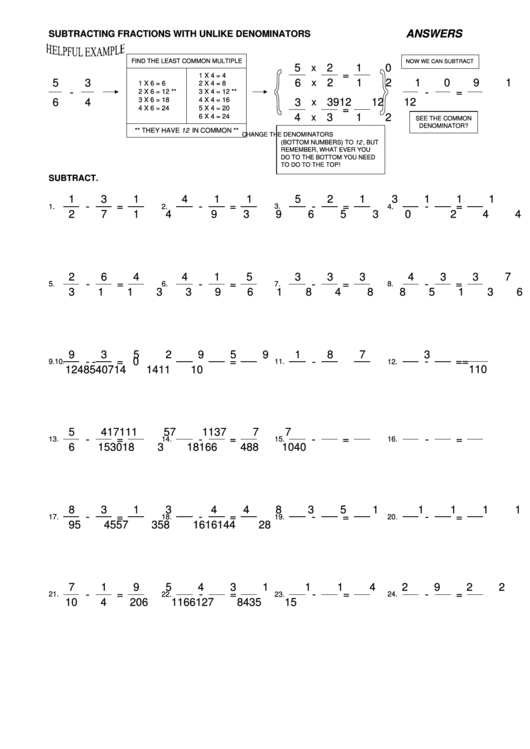 Subtracting Fractions Worksheet With Answers printable pdf download