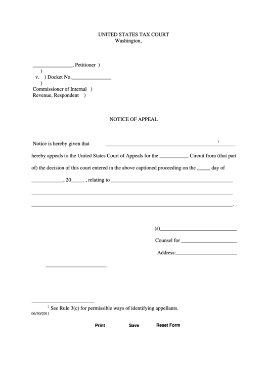 Fillable Notice Of Appeal Tax Court State Washington, printable pdf