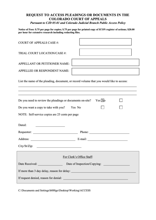 Request To Access Pleadings Or Documents In The Colorado Court Of