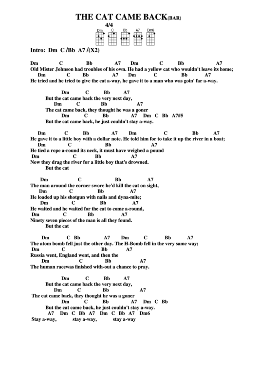 The Cat Came Back (Bar) Chord Chart printable pdf download