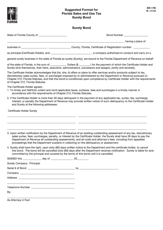Suggested Format For Florida Sales And Use Tax Surety Bond printable