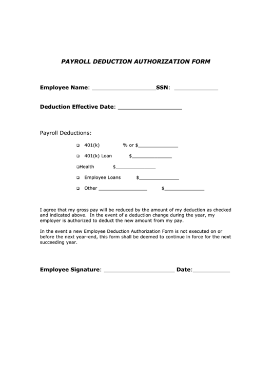 Fillable Payroll Deduction Authorization Form printable pdf download