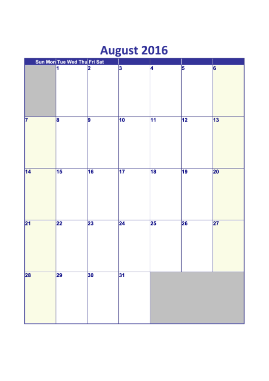 August 2016 Calendar Template - Vertical printable pdf download