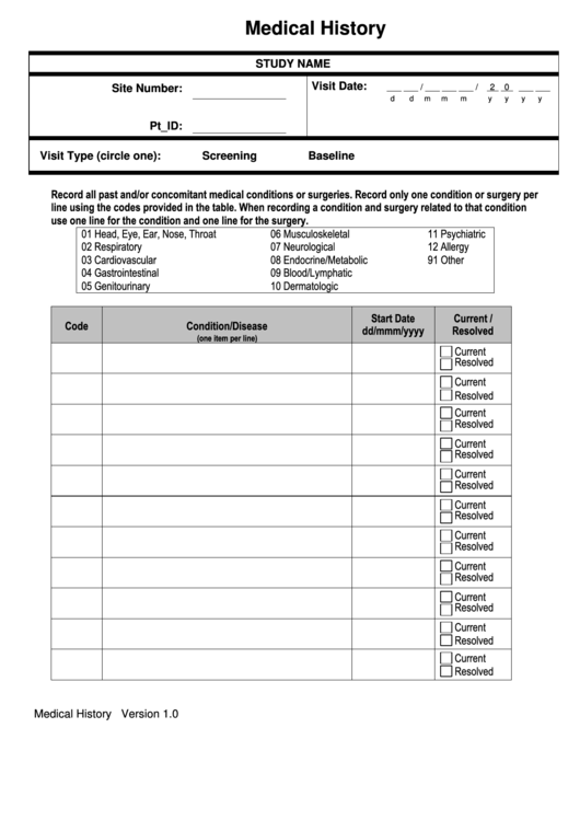 Medical History Form printable pdf download