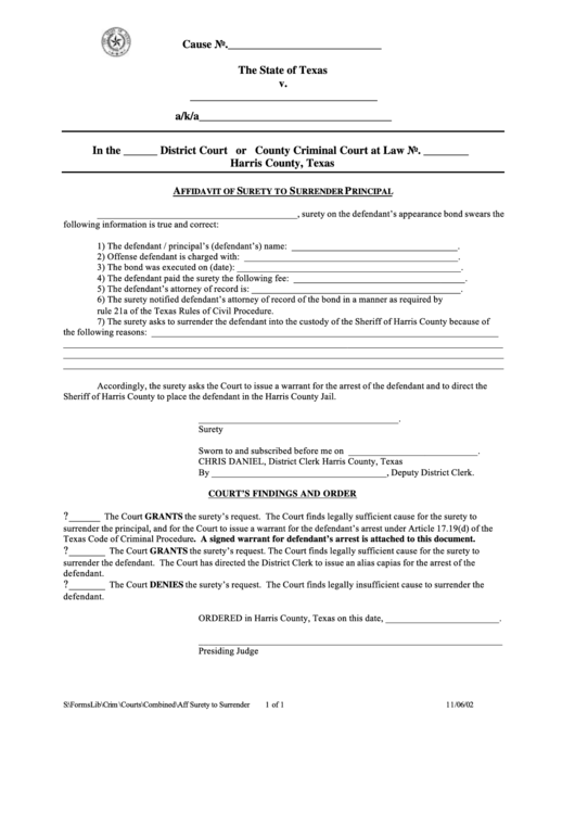 Fillable Affidavit Of Surety To Surrender Principal printable pdf download