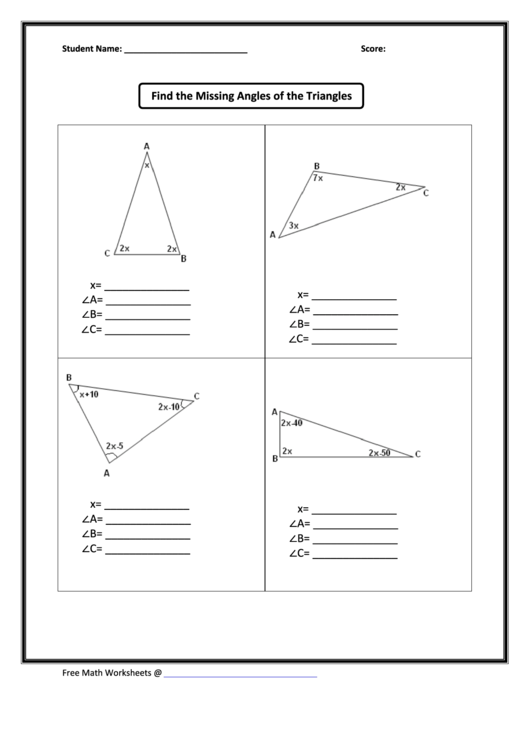 Find The Missing Angles Of The Triangles - Math Worksheets 4 Kids