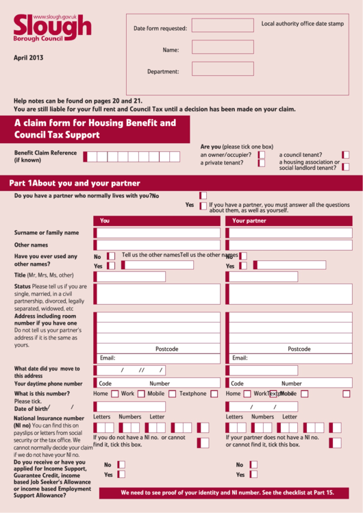 A Claim Form For Housing Benefit And Council Tax Support printable pdf download