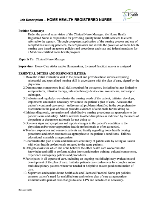 Job Description Home Health Registered Nurse printable pdf download