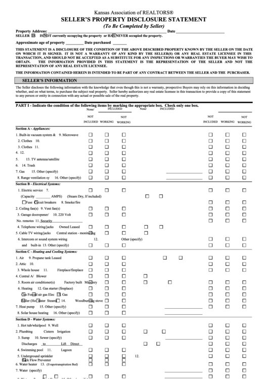 Fillable Kansas Association Of Realtors Seller'S Property Disclosure