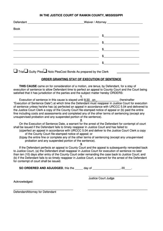 Order Granting Stay Of Execution Of Sentence In The Justice Court Of