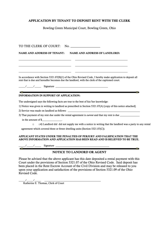 Fillable Application By Tenant To Deposit Rent With The Clerk printable