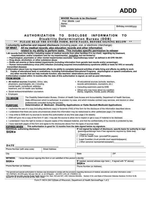 Authorization To Disclose Information To Disability Determination Bureau (Ddb) printable pdf