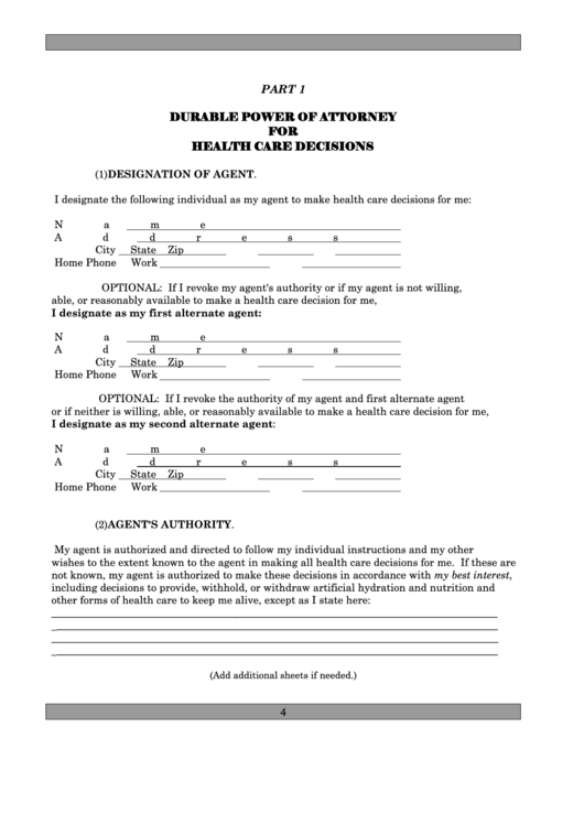 Fillable Durable Power Of Attorney For Health Care Decisions printable pdf download