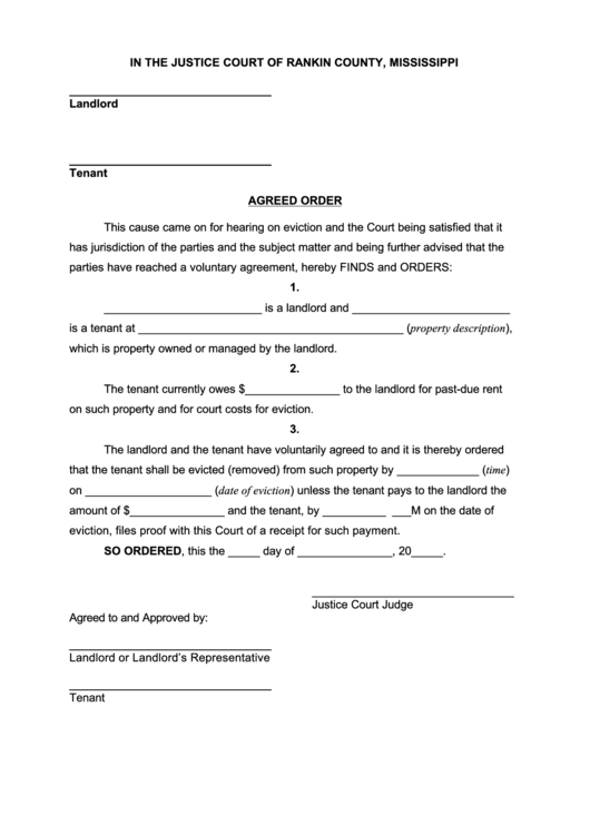 Agreed Order Form Justice Court Of Rankin County, Mississippi