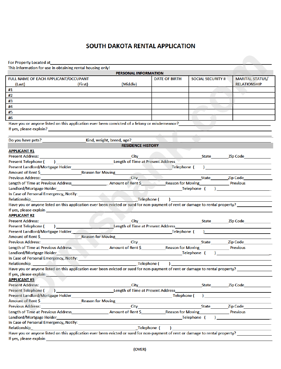 Fillable South Dakota Rental Application printable pdf download