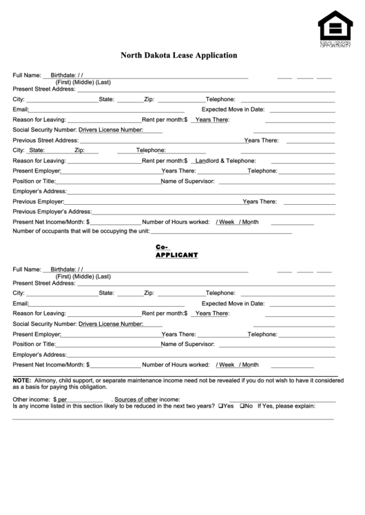 Fillable North Dakota Lease Application printable pdf download