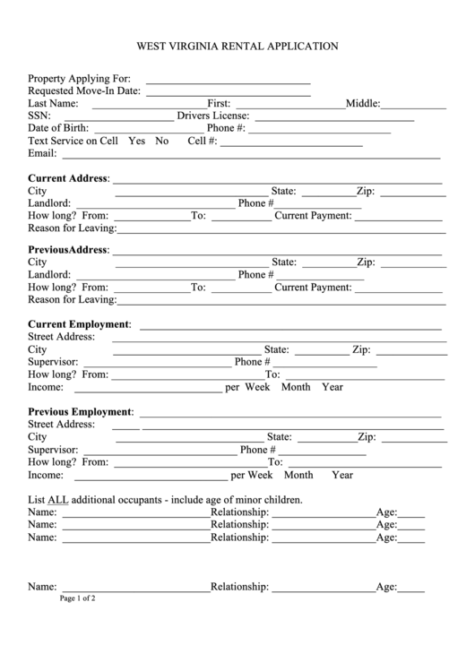 Fillable West Virginia Rental Application Template printable pdf download