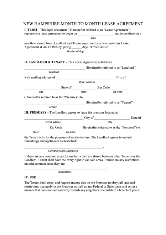 Fillable New Hampshire Month To Month Lease Agreement Template