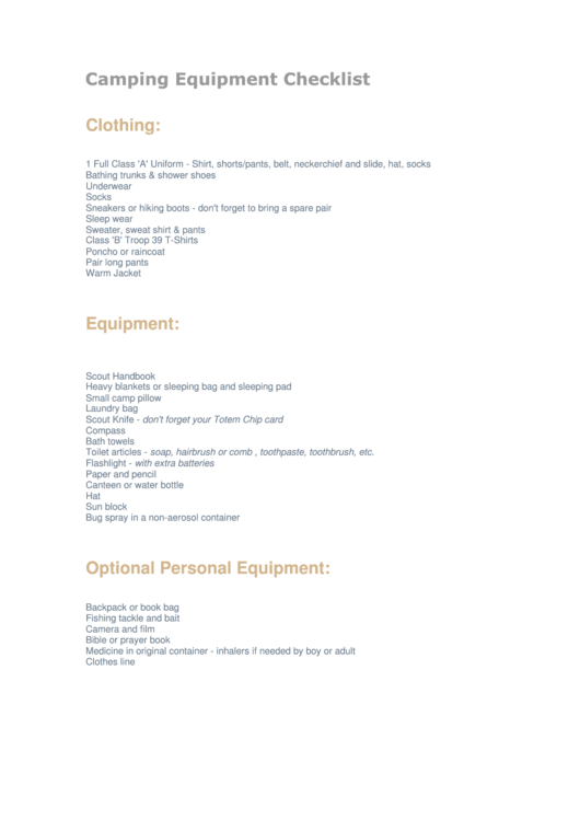Camping Equipment Checklist printable pdf download