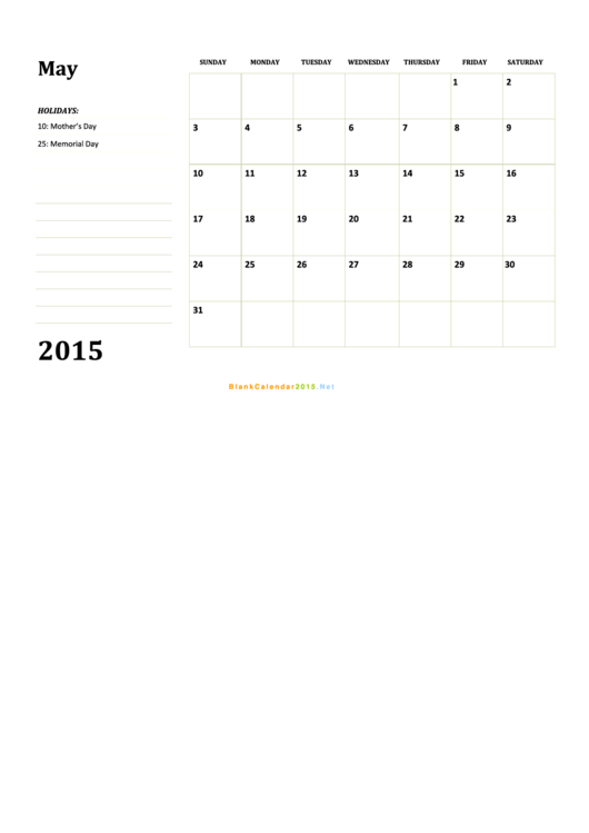 May 2015 Calendar Template printable pdf download