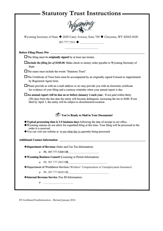 Fillable Statutory Trust Certificate Of Trust, Consent To Appointment