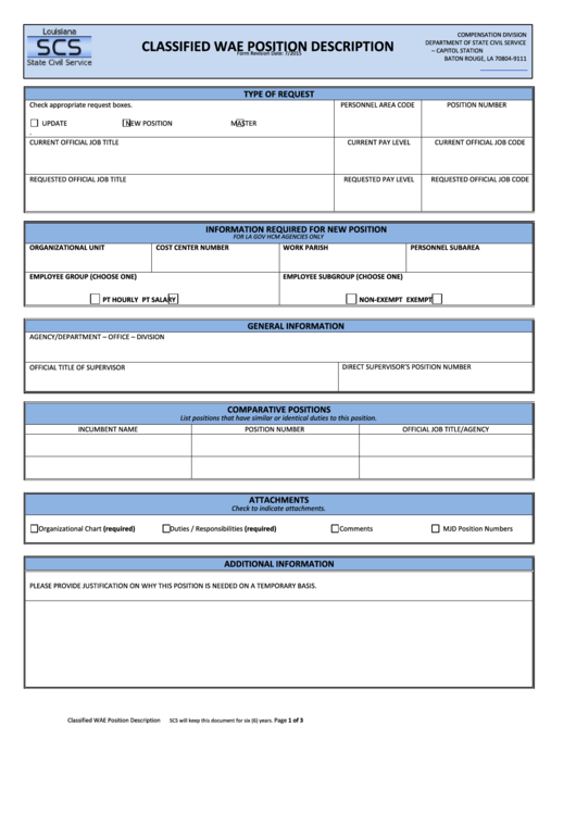 Classified Wae Position Description Form printable pdf download