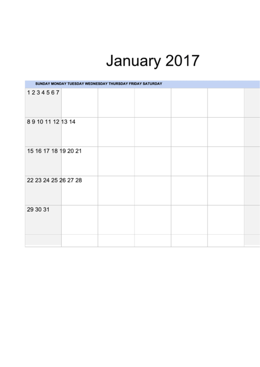 January 2017 Calendar Template printable pdf download