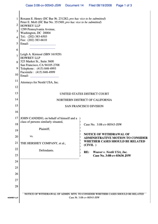 Notice Of Withdrawal Of Administrative Motion To Consider Whether Cases