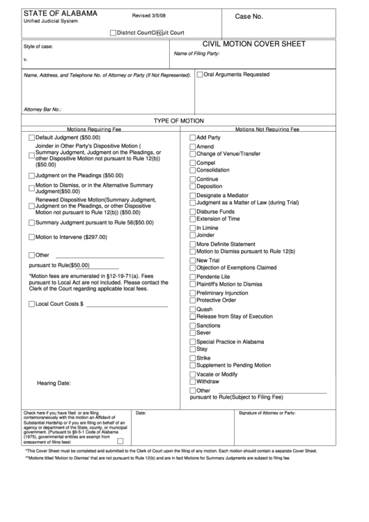 Fillable Civil Motion Cover Sheet printable pdf download