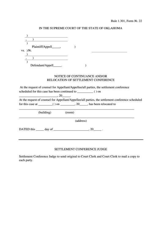 Notice Of Continuance And Or Relocation Of Settlement Conference