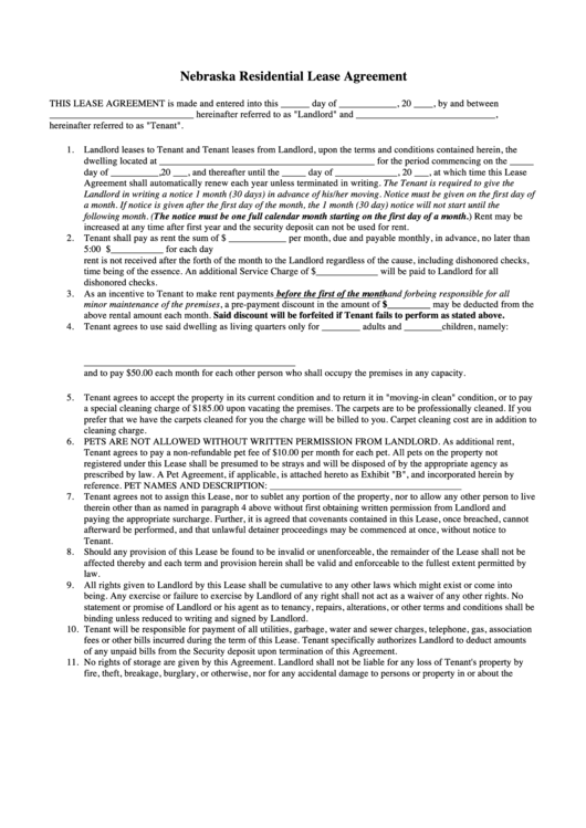 Fillable Nebraska Residential Lease Agreement Template printable pdf