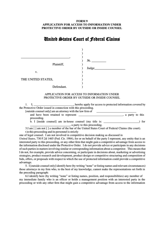 Fillable Form 9 Application For Access To Information Under Protective Order By Outside Or