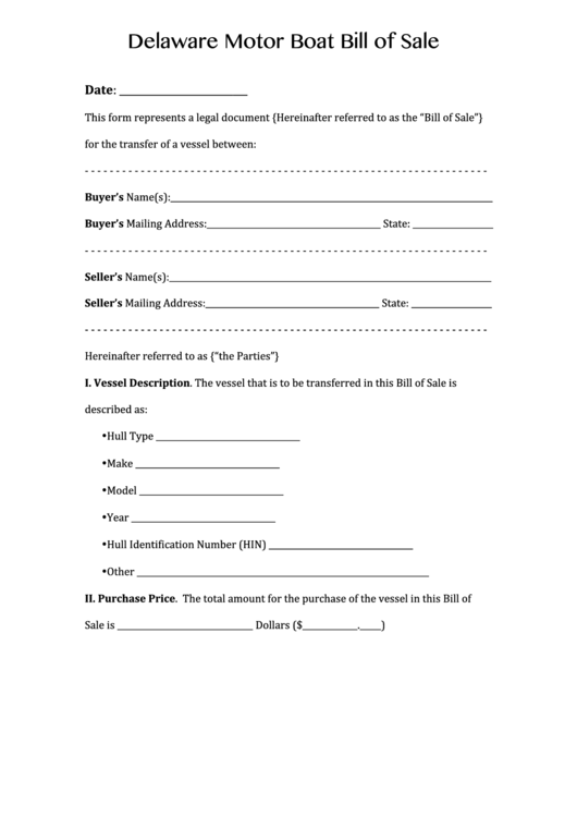 Fillable Delaware Motor Boat Bill Of Sale Form printable pdf download